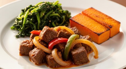 Cubed beef with sauteed vegetables spinach and pumpkin on a white plate a healthy and delicious meal
