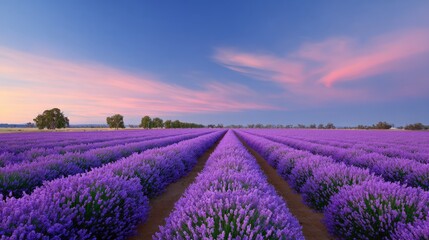 Naklejka premium Breathtaking View of Lavender Fields Under a Colorful Sky during Sunrise with Vibrant Purple Blooms Stretching into the Horizon