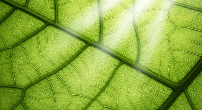 An extreme close-up view of a bright green leaf, backlit by sunlight, vividly displaying the intricate cellular structure and delicate network of veins.