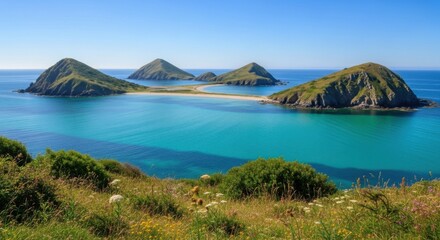 Scenic view of islands in turquoise water a natural sand bridge connecting them under a clear blue sky