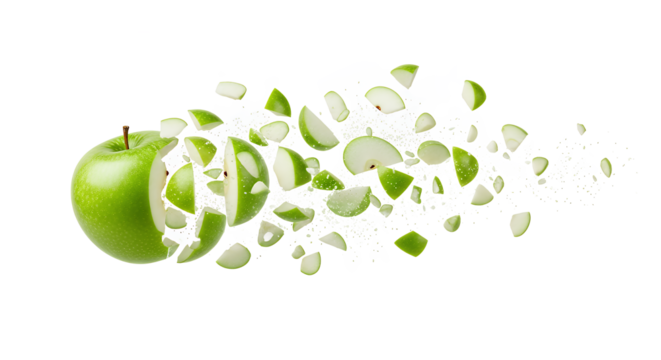 Exploding Green Apple Slices Frozen in Time, Capturing the Essence of Freshness