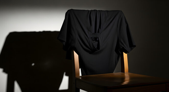 Black T-Shirt Drapped on a Wooden Chair in Dramatic Lighting