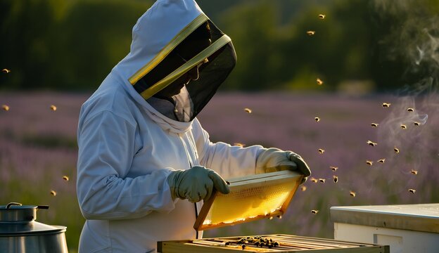 Beekeeper inspecting a honeycomb frame in a field of flowers