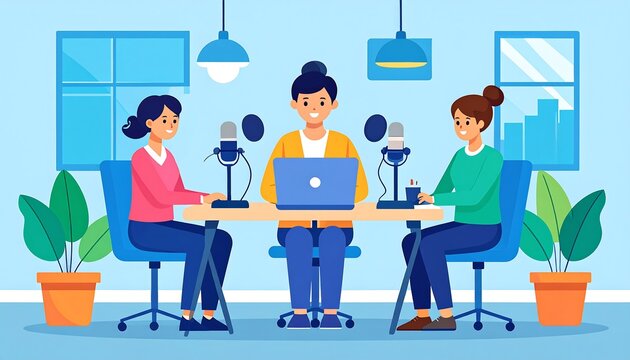 Podcast Recording Session with Three Hosts in a Studio.