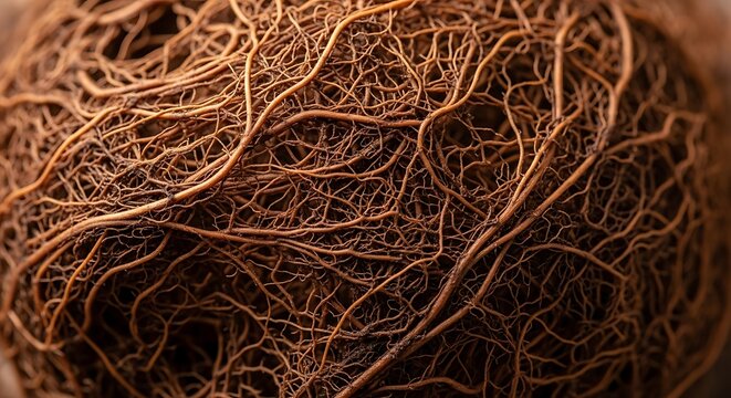 A dense, detailed close-up of intricate, fibrous brown plant roots forming a complex ball, conveying themes of nature, connection, growth, and underground systems. - Powered by Adobe