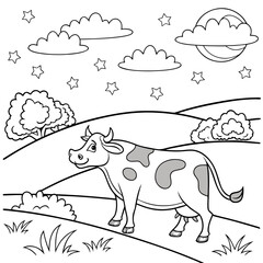 A charming cow grazes under a starlit sky, isolated on