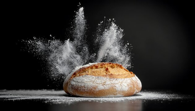 A round loaf of bread with a crust, covered in flour that is bursting upwards in the dark. - Powered by Adobe