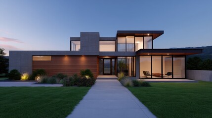 Modern architectural design of a luxurious house showcasing glass, concrete, and wood elements surrounded by tranquil landscaping at dusk