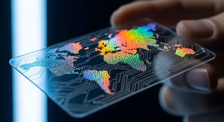 Fototapeta premium Global Finance: Hand Holding Rainbow World Map Credit Card Close-up