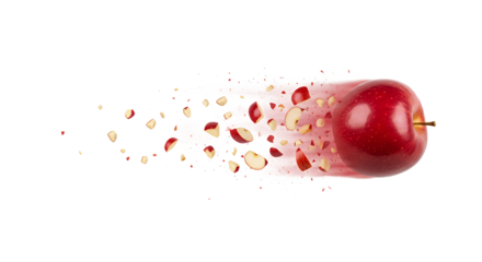 Red apple exploding into pieces, motion blur, white background, fresh fruit, healthy eating, food photography