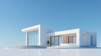 Modern Minimalist House Design with Large Windows and Clean Lines Against a Clear Blue Sky