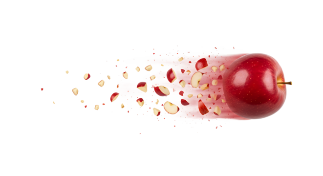 Red apple exploding into pieces, motion blur, white background, fresh fruit, healthy eating, food photography - Powered by Adobe
