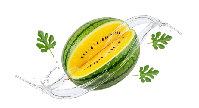 Fresh Yellow Watermelon with Splash and Leaves Summer Refreshment and Healthy Eating
