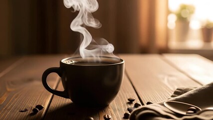A steaming cup of freshly brewed coffee on a wooden table for relaxation.