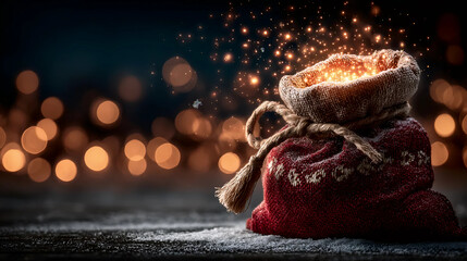 Christmas gift sack, magical holiday sack, glowing Christmas bag
