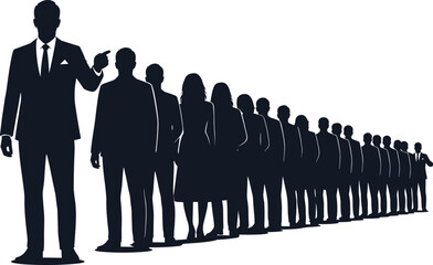 Business Leader in Suit Directing a Long Line of Business People and Employees, Illustrating Leadership, Guidance, Direction, and Followership.