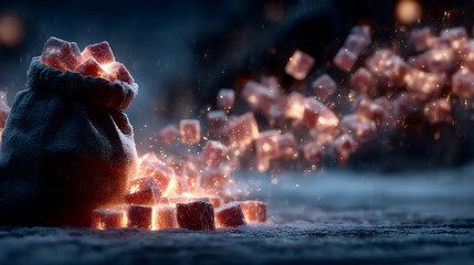 Christmas gift sack, magical holiday sack, glowing Christmas bag
