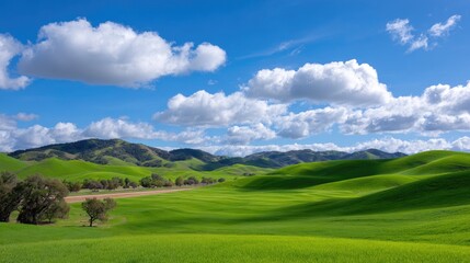 Obraz premium Lush Green Hills Under Cloudy Blue Sky Landscape with Rolling Terrain and Vibrant Vegetation Surrounded by Majestic Mountains in a Peaceful Nature Scene
