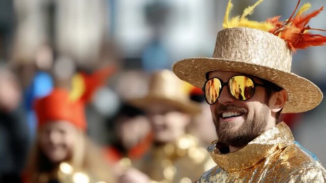 Festive Celebration: Capturing the vibrant spirit of a lively cultural event, a man joyfully participates in a parade, showcasing his bright attire, radiating the joyous atmosphere of the celebration.