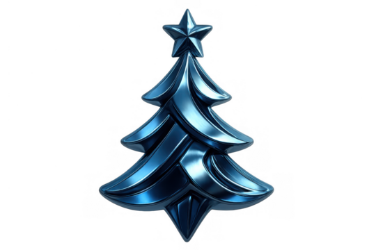 Stylized metallic blue christmas tree ornament with star, celebrating winter holidays, transparent background - Powered by Adobe