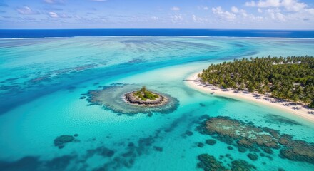 Fototapeta premium Aerial view of a tropical island paradise with turquoise waters.