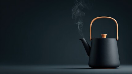 A minimalist composition of a black teapot with a wooden handle, with a subtle wisp of steam, against a dark gradient background