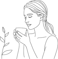 Elegant woman drinking tea with a plant in the background line art