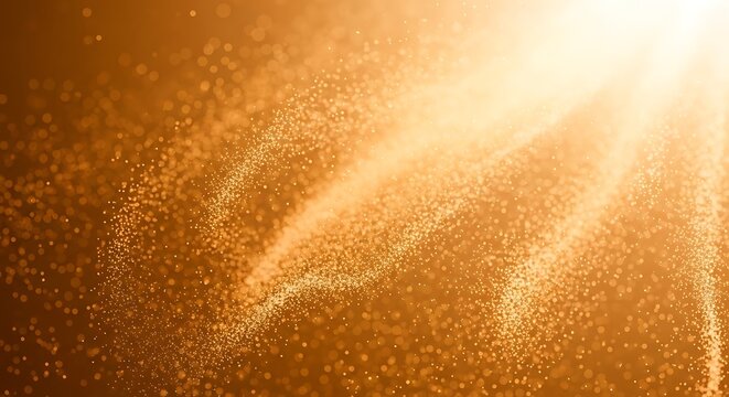 A luxurious, warm abstract background featuring a swirling stream of shimmering golden particles and bokeh dots illuminated by a bright sunbeam from the upper right corner. - Powered by Adobe