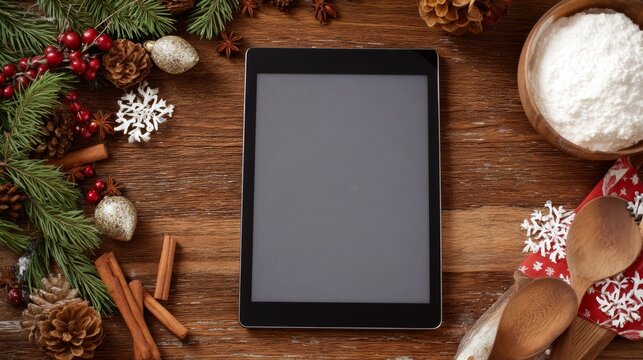 A blank tablet mockup surrounded by festive decorations. Pine branches, cinnamon sticks, and snowflakes create a cozy holiday atmosphere.