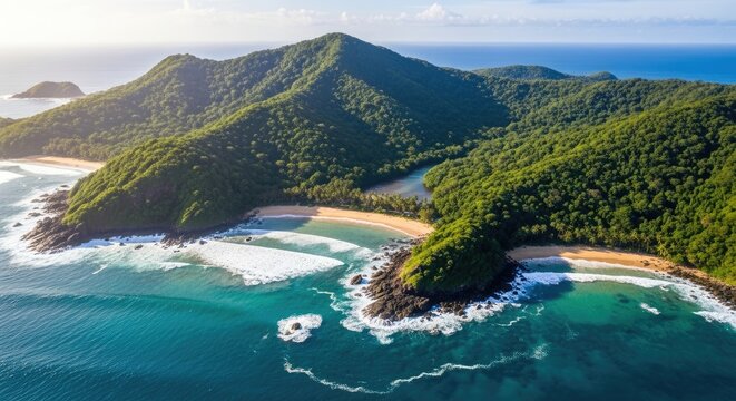 Aerial view of a tropical island with lush green hills and pristine beaches.
