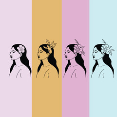 Diverse Woman Profiles with Floral Hair Accessories on Pastel Backgrounds Artwork