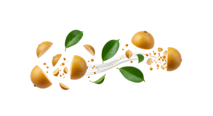 Golden Fruit Splash A Vibrant Burst of Freshness with Green Leaves and Creamy Fluid on White Background