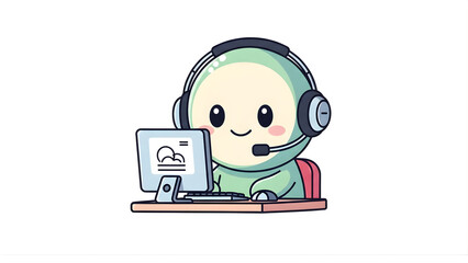 Friendly Cartoon Character Providing Online Support, Engaged in Customer Service with a Headset and Computer Displaying Cloud Data, Ideal for Tech Assistance