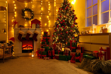 Fototapeta premium Interior of living room with glowing Christmas tree, presents and fireplace at night