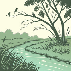 Fototapeta premium Serene river scene with birds perched on tree branches in the landscape
