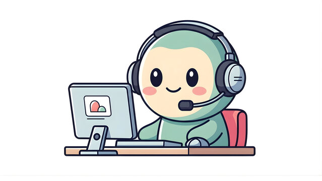 Cute Customer Service Representative Using Computer with Headset - Digital Support Agent Illustration