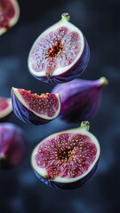 Sliced fresh figs floating mid-air, revealing vibrant purple and red interiors on a dark background.