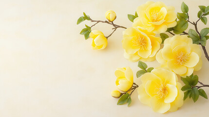 Yellow flower branch green leaf soft background spring nature floral blossom delicate beauty. Yellow flowers with green leaves branch create soft delicate spring floral arrangement light