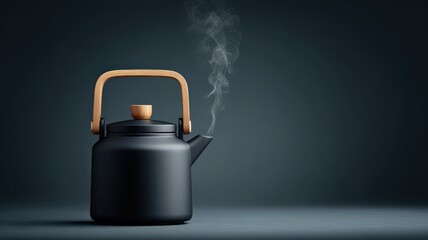 A minimalist composition of a black teapot with a wooden handle, with a subtle wisp of steam, against a dark gradient background