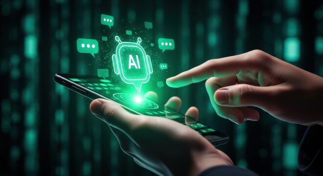 Digital interaction using a mobile phone showing artificial intelligence concept with conversation bubbles and glowing green screen effect