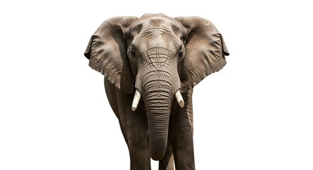 Naklejka premium Majestic African elephant facing forward with striking detail against white background