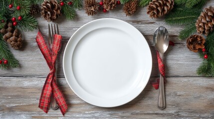 A white plate is centered on a rustic wooden table. Surrounding it are pinecones, red berries, and green pine branches. Silver cutlery is placed beside the plate.