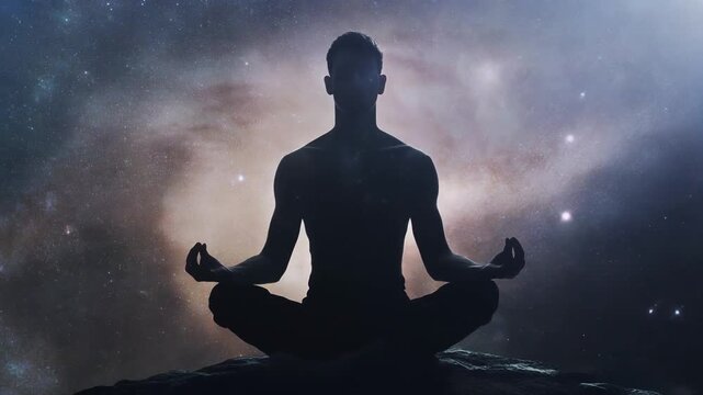 Silhouette of a man in the lotus pose (Padmasana) meditating on a rocky surface, set against a stunning, slowly moving backdrop of the galaxy and cosmos.