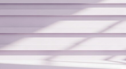 Obraz premium Minimalist abstract background showing horizontal architectural steps or tiered platforms in a soft lavender or pale purple shade, intersected by sharp diagonal sunlight and shadows.