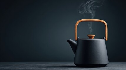 A minimalist composition of a black teapot with a wooden handle, with a subtle wisp of steam, against a dark gradient background