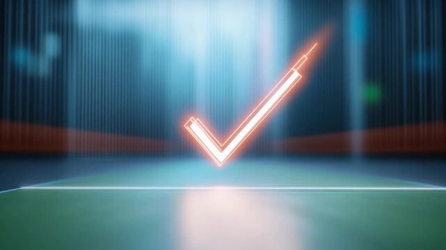 Verification illuminated: A vibrant neon check mark glows, symbolizing approval and success, in a dynamic and futuristic setting.