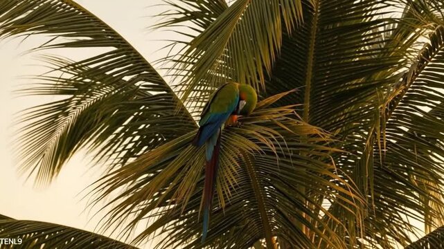 Tropical tranquility with an ara perched on palm leaves, an exotic wildlife journey