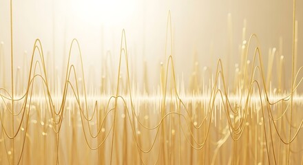 A luxurious, abstract depiction of a complex sound wave or equalizer graph, featuring undulating golden lines against a bright, warm, champagne-toned background, symbolizing music and audio.