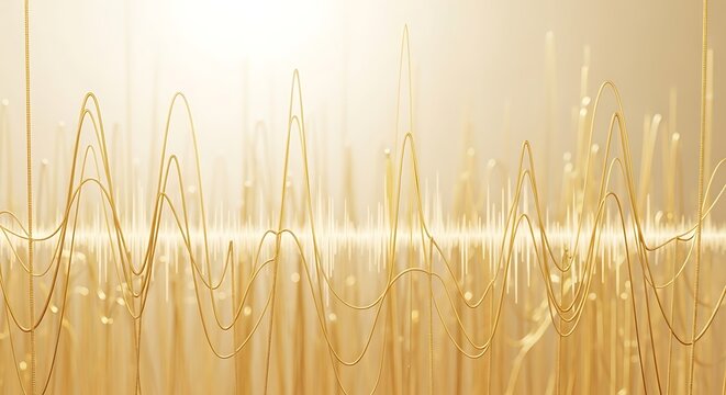 A luxurious, abstract depiction of a complex sound wave or equalizer graph, featuring undulating golden lines against a bright, warm, champagne-toned background, symbolizing music and audio.