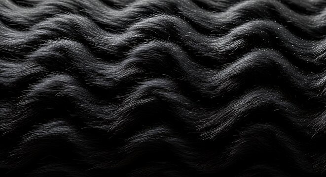 A dramatic macro close-up of dark black fur or hair arranged in continuous, tight, horizontal waves, creating a deep, moody abstract texture with subtle highlights catching the ridges. - Powered by Adobe